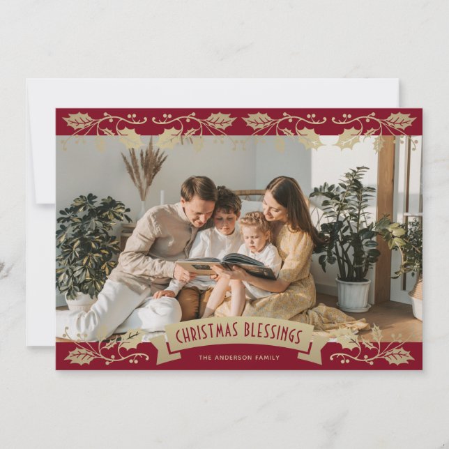 Cartão De Festividades Elegant Red Gold Holly Berries Photo Christian (Frente)