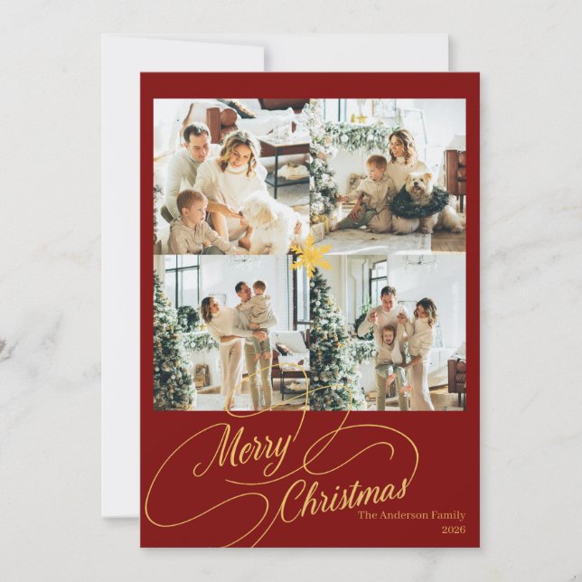 Cartão De Festividades Elegant Red & Gold Merry Christmas Family Photo -  (Frente)