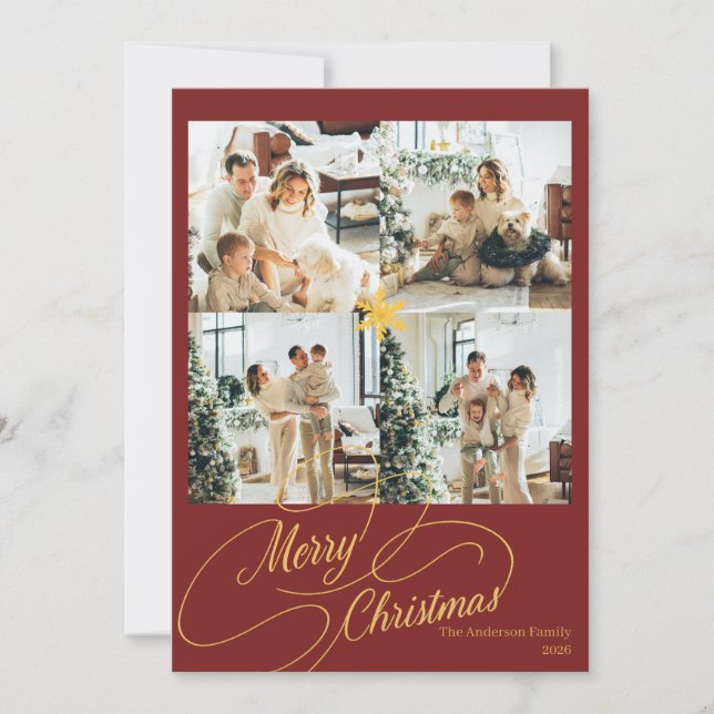 Cartão De Festividades Elegant Red & Gold Merry Christmas Family Photo -  (Frente)
