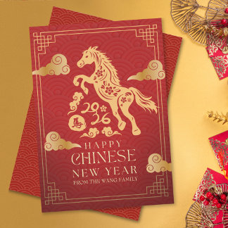 Cartão De Festividades Elegant Red Gold Year Of Horse Chinese New Year 