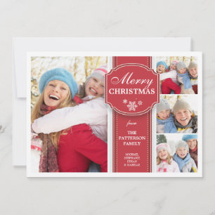 Cartão De Festividades Elegant Red & White Snow 4 Photo Greeting Card