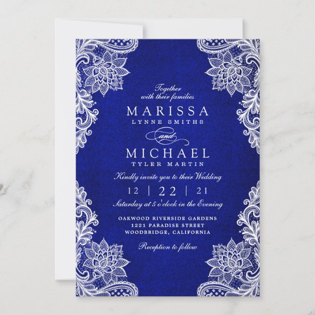 Cartão De Festividades Elegant Royal Blue Floral Lace Wedding Invitation (Frente)