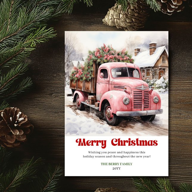 Cartão De Festividades Elegant rustic Christmas scene pink truck greeting (Elegant rustic Christmas scene pink truck greeting Holiday Card)