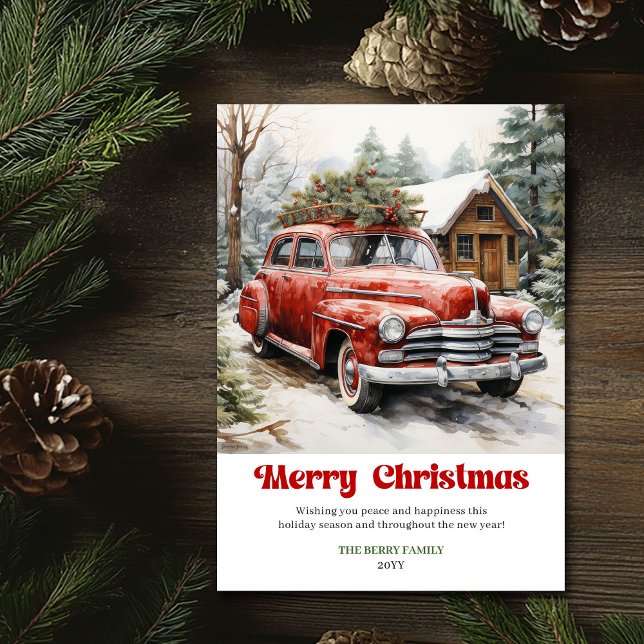 Cartão De Festividades Elegant rustic Christmas scene red car greeting (Elegant rustic Christmas scene red car greeting)