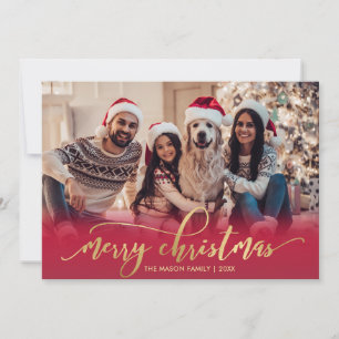 Cartão De Festividades Elegant Script Dourado Vermelho 2 Foto Natal