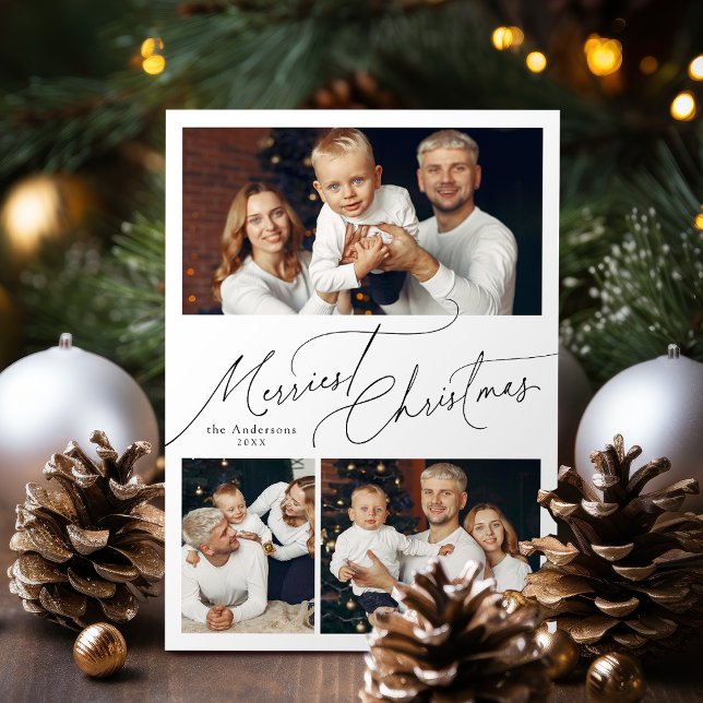 Cartão De Festividades Elegant Script Merry Christmas Family 3 Photo (Elegant Script Merry Christmas Family 3 Photo Holiday Card)