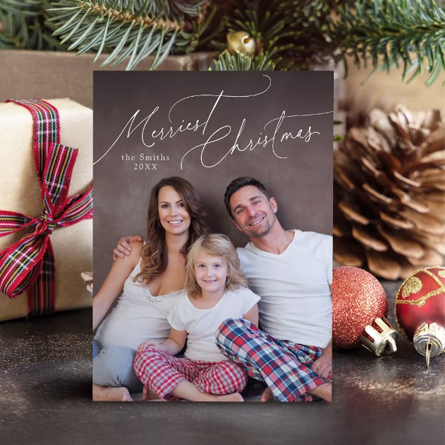 Cartão De Festividades Elegant Script Merry Christmas Family Photo Holida (Elegant Script Merry Christmas Family Photo Holida Holiday Card)