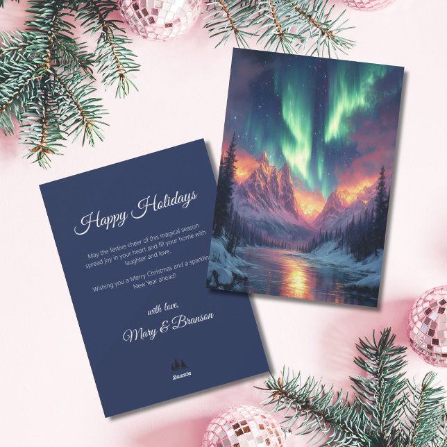 Cartão De Festividades Elegant Script Tree Non Photo Aurora Holiday (Northern Lights Holiday Christmas Card)