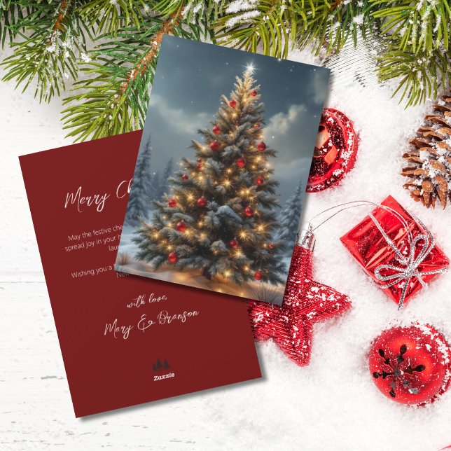 Cartão De Festividades Elegant Script Tree Non Photo Red Christmas (Winter Christmas Tree with Red Ornaments)