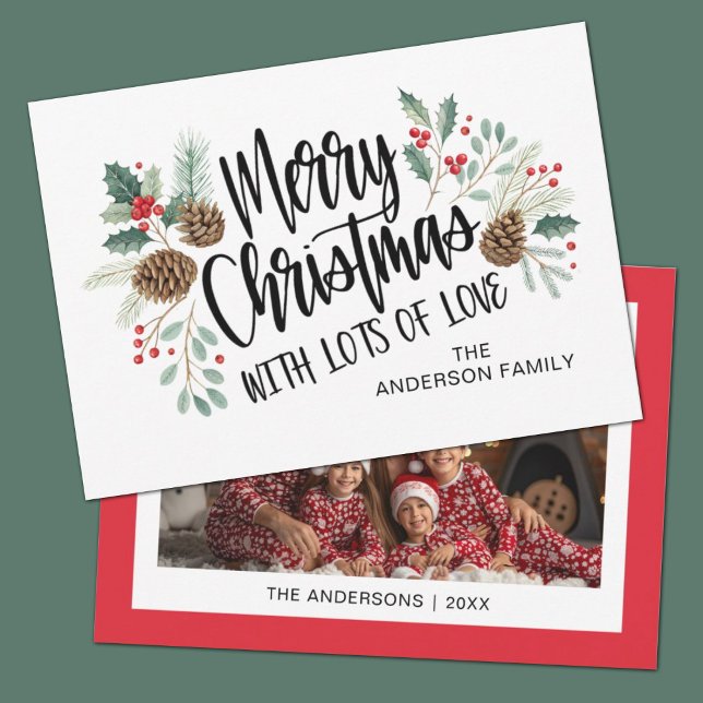 Cartão De Festividades Elegant Script Typography Floral Merry Christmas (An elegant script typography holly photo Christmas card.)