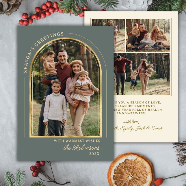 Cartão De Festividades Elegant Seasons Greetings Gold Arch Green 4 Photo (Criador carregado)