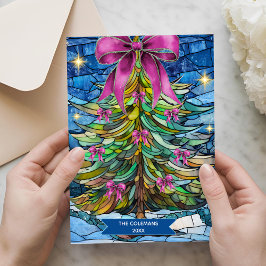 Cartão De Festividades Elegant stained glass coquette bow Christmas tree 