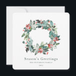 Cartão De Festividades Elegant Watercolor Winter Berry Greenery Wreath<br><div class="desc">Elegant watercolor winter berry greenery wreath,  holiday card. Features,  festive green text and coordinating solid green color backing.</div>