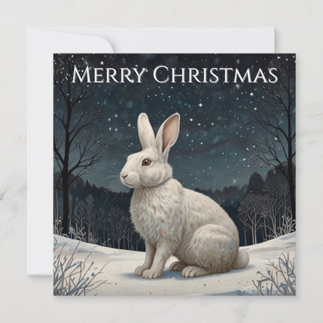 Cartão De Festividades Elegant white rabbit Christmas snowy woodland  (Frente)