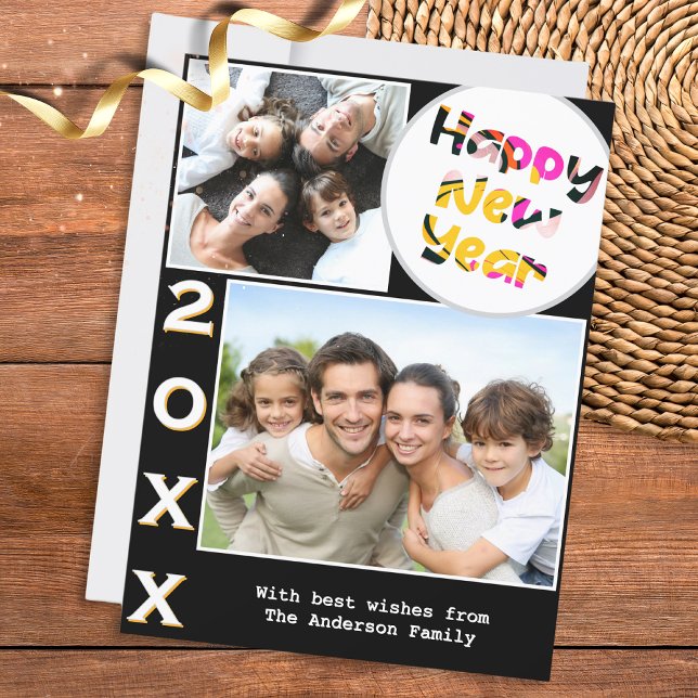 Cartão De Festividades Elegante 2 Fotos Personalizado Feliz Ano Novo (A stylish card with 'Happy New Year' greeting, to personalize with 2 photos, year number and name(s))