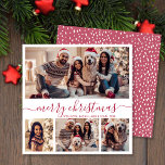 Cartão De Festividades Elegante 4 Colagem de Fotografias Red Script Snowy<br><div class="desc">Mínimalista moderno de caligrafia branca e colagem de fotos vermelha 4 - Cartão de Natal Feliz - Script de Férias. Este modelo de cartão de fotos festivo, mimalista, cômico, de quatro (4) fotos apresenta uma bonito colagem fotográfica e diz "Feliz Natal"! O texto de saudação do "Feliz Natal" é escrito...</div>