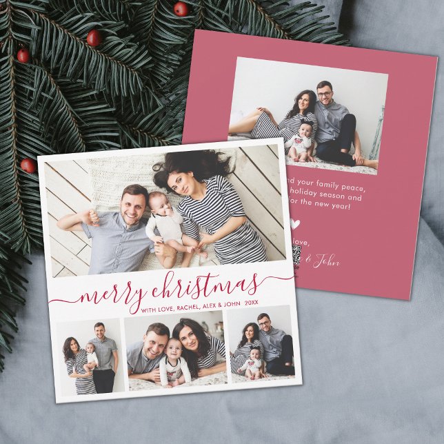 Cartão De Festividades Elegante 4 Colagem de Fotos, Natal Branco Vermelho (Criador carregado)