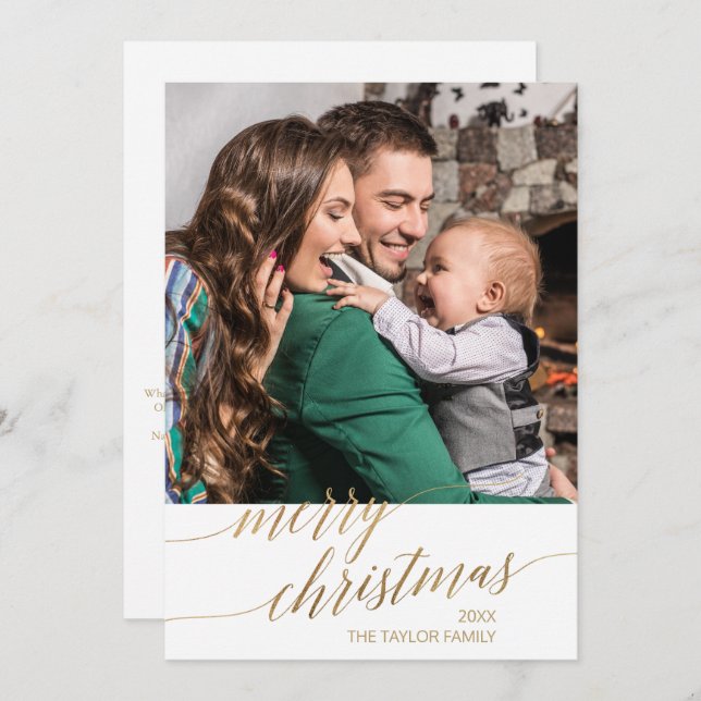 Cartão De Festividades Elegante Ano Dourado De Caligrafia Em Revisão Foto (Frente/Verso)