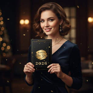 Cartão De Festividades Elegante Ano Novo 2026 Luxuoso Preto e Dourado