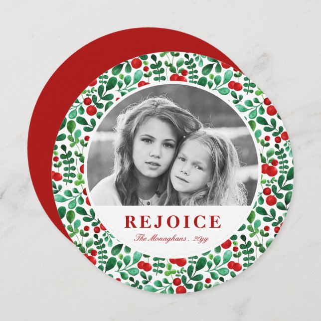 Cartão De Festividades Elegante Aquarela Berries Vermelho e Verde | Foto (Frente/Verso)