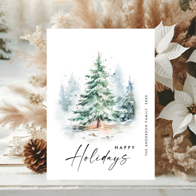 Cartão De Festividades Elegante Aquarela Pinheira de Natal de inverno (Criador carregado)