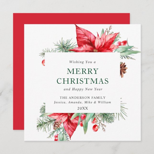 Cartão De Festividades Elegante Aquarela Poinsettia Saudação de Natal (Frente/Verso)