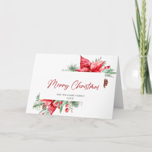 Cartão De Festividades Elegante Aquarela Poinsettia Saudação de Natal (Frente)