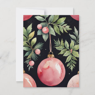 Cartão De Festividades Elegante Aquarela Rosa Verde-Verde Bauble Natal