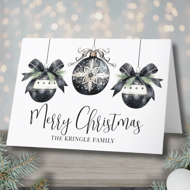 Cartão De Festividades Elegante Aquarela Simples Preto Natal Branco (Elegant Watercolor Simple Black White Christmas Holiday Card)