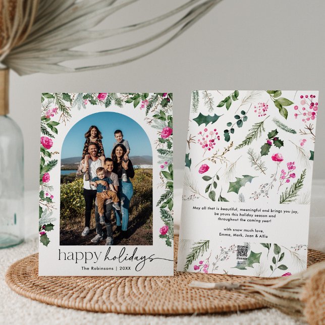 Cartão De Festividades Elegante Arco de Folhagem Verde Rosa Script 1 Foto (Criador carregado)