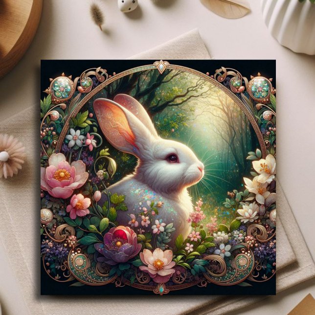 Cartão De Festividades Elegante Art Nouveau Rabbit Floral Woodland Páscoa (Criador carregado)