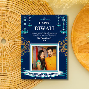Cartão De Festividades Elegante azul mandala Diwali Festival das Luzes