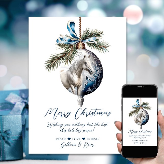 Cartão De Festividades Elegante azul-natalino equestre branco (Elegant blue Christmas white horse equestrian Holiday Card)