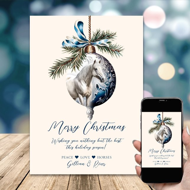Cartão De Festividades Elegante azul-natalino equestre branco (Elegant blue Christmas white horse equestrian Holiday Card)