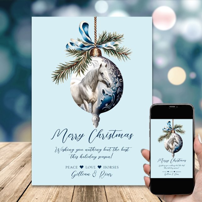 Cartão De Festividades Elegante azul-natalino equestre branco (Elegant blue Christmas white horse equestrian Holiday Card)