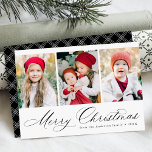 Cartão De Festividades Elegante Black Script Felry Christmas 3 Photo<br><div class="desc">Cartão de Natal simples com três fotos verticais com "Feliz Natal",  apresentado num roteiro festivo de caligrafia negra. Personalize a frente do cartão de Natal multifoto com seu nome de família e o ano. A placa se reverte para exibir um padrão moderno de xadrez preto e branco.</div>