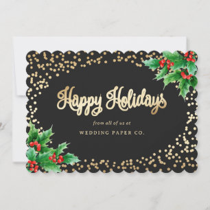 Cartão De Festividades Elegante Black Watercolor Holly Berries Business