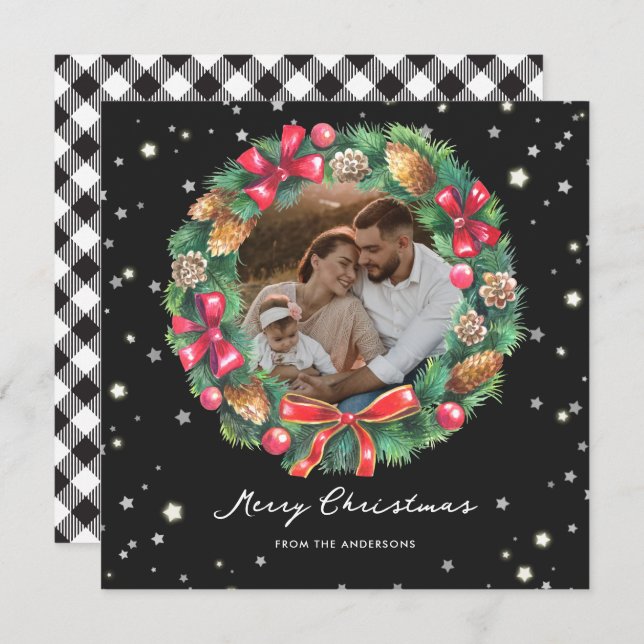 Cartão De Festividades Elegante Black White Xadrez Stars Foto Natal (Frente/Verso)