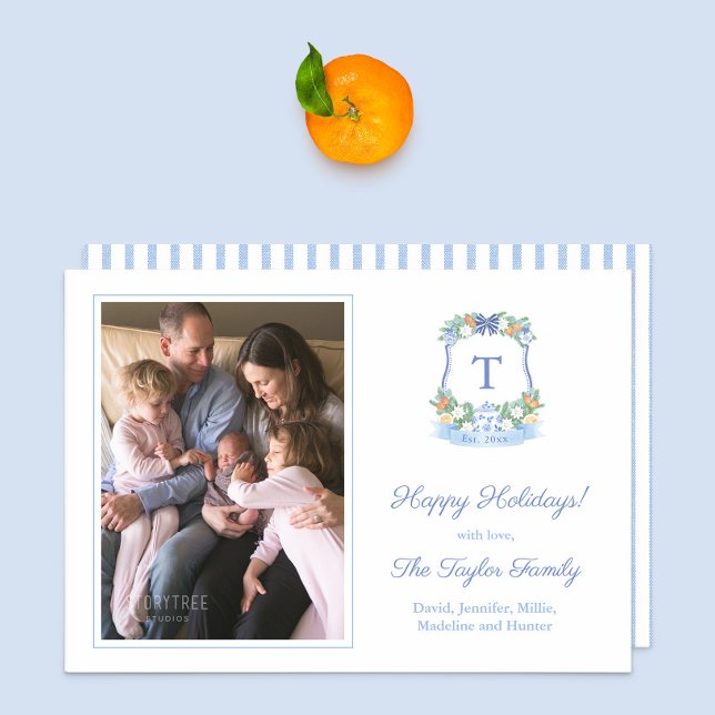 Cartão De Festividades Elegante Blue Citrus Merry Christmas Photo (Blue and white citrus monogram crest family picture holidays card. Blue white stripes on reverse)