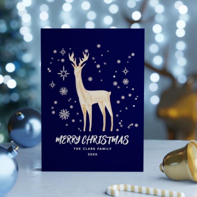 Cartão De Festividades Elegante Blue e Dourada Reindeer Feliz Natal (Elegant Blue and Gold Reindeer Merry Christmas Holiday Card)