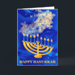 Cartão De Festividades Elegante Blue E Dourado Menorah Happy Hanukkah<br><div class="desc">O Elegante Blue And Dourado Menorah Happy Hanukkah Holiday Card apresenta textura azul de mármore líquido,  flores douradas de aquarela e velas de Hanukkah.O dentro do cartão tem uma mensagem pessoal modelo.Clique no botão personalizar para personalizá-lo com seu próprio texto.</div>
