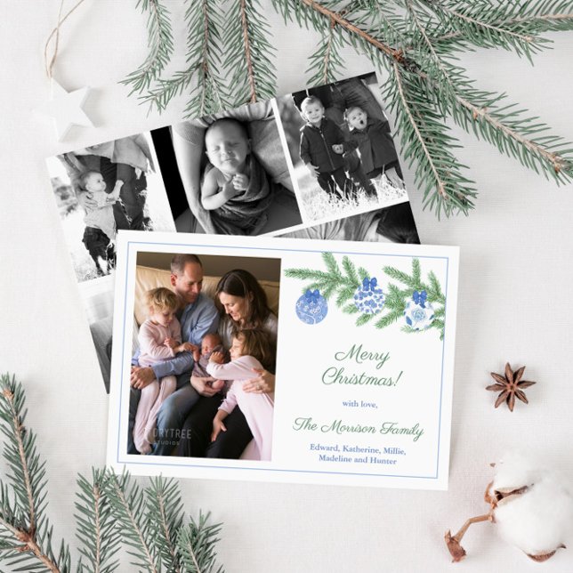 Cartão De Festividades Elegante Blue Green Family Photos Feliz Natal (Elegant blue and white chinoiserie baubles Holiday cards with family photo collage)
