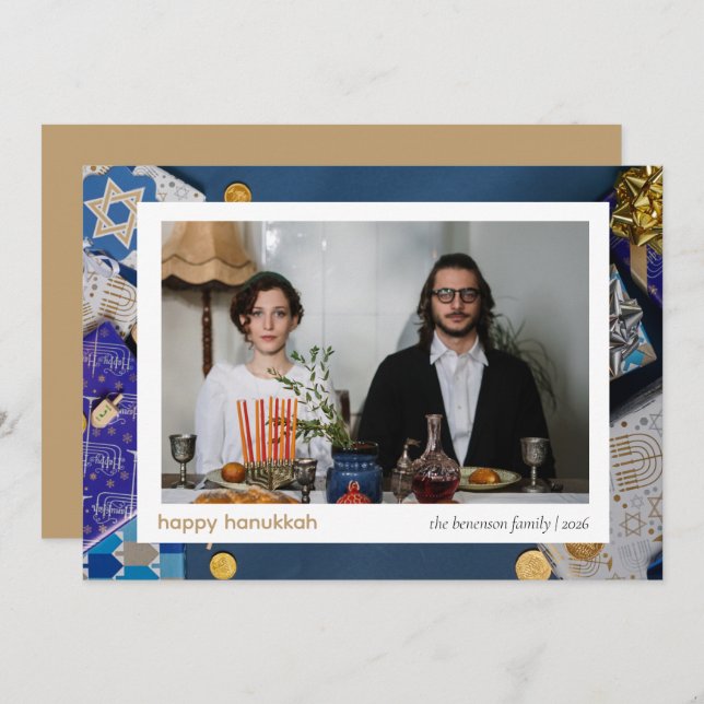 Cartão De Festividades Elegante Blue Happy Hanukkah Family 1 Foto (Frente/Verso)