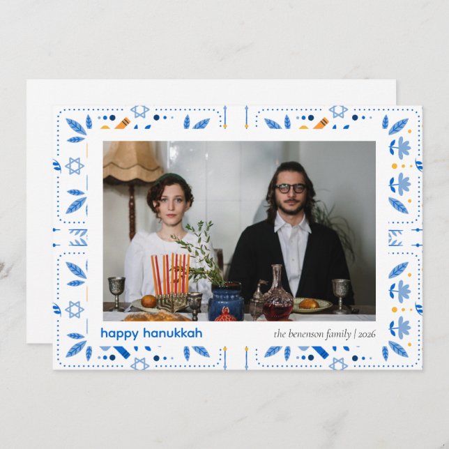 Cartão De Festividades Elegante Blue Happy Hanukkah Family 1 Foto (Frente/Verso)