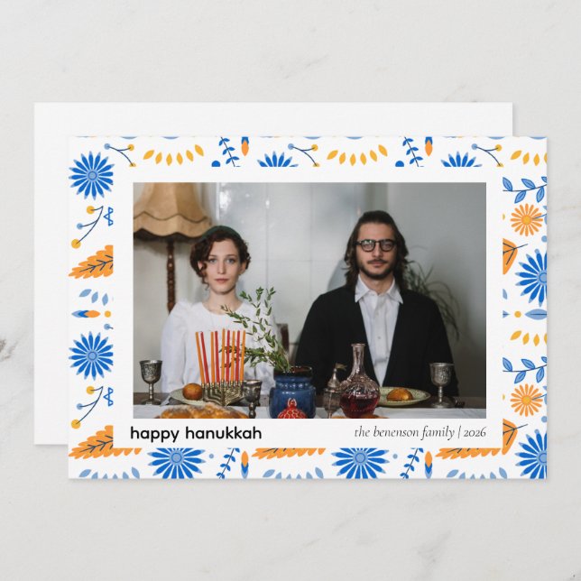 Cartão De Festividades Elegante Blue Happy Hanukkah Family 1 Foto (Frente/Verso)