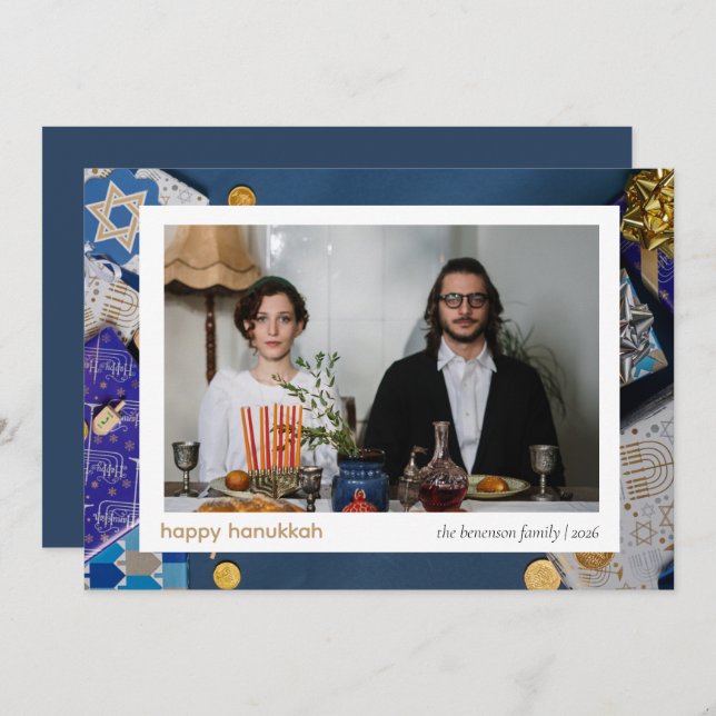 Cartão De Festividades Elegante Blue Happy Hanukkah Family 1 Foto (Frente/Verso)
