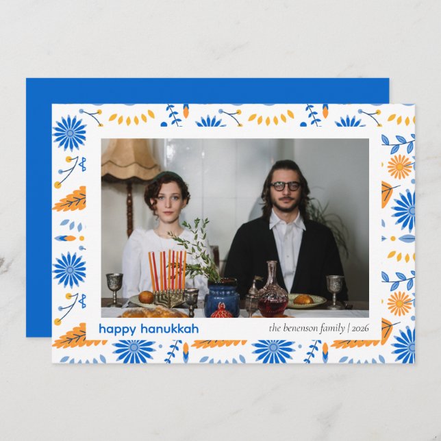Cartão De Festividades Elegante Blue Happy Hanukkah Family 1 Foto (Frente/Verso)