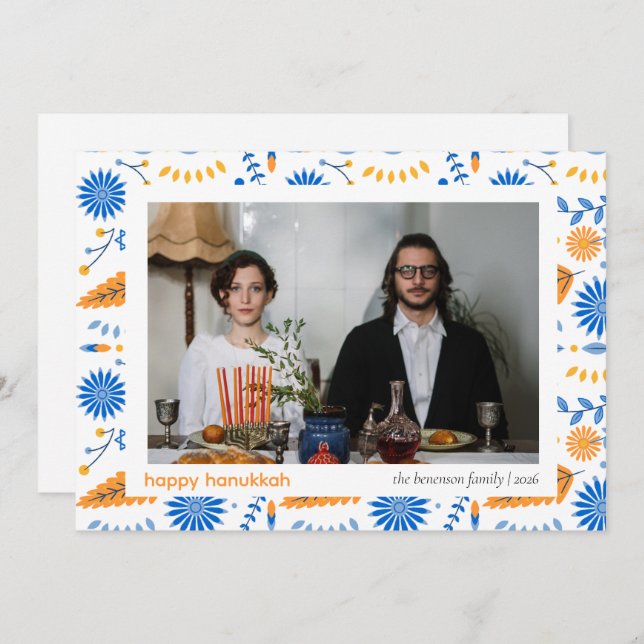 Cartão De Festividades Elegante Blue Happy Hanukkah Family 1 Foto (Frente/Verso)