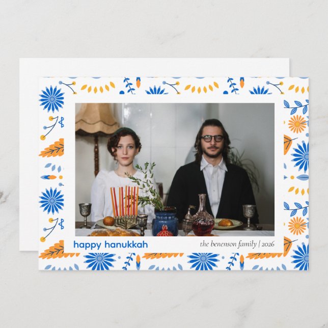 Cartão De Festividades Elegante Blue Happy Hanukkah Family 1 Foto (Frente/Verso)
