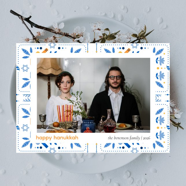 Cartão De Festividades Elegante Blue Happy Hanukkah Family 1 Foto (Criador carregado)